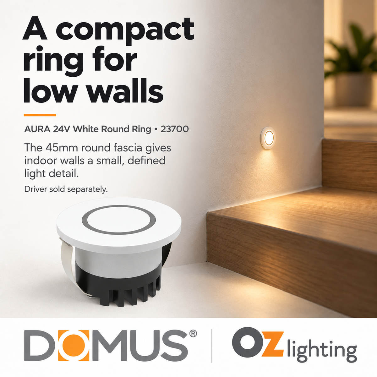Domus AURA-24V-RND-WHT LED Step Light - 3W, 24V DC, Tri-Colour, IP20, Recessed, Round, 45mm, White - DRIVER REQUIRED-Domus Lighting-Ozlighting.com.au