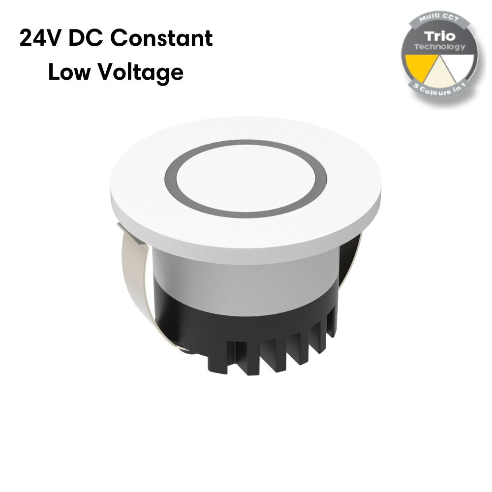 Domus AURA-24V-RND-WHT LED Step Light - 3W, 24V DC, Tri-Colour, IP20, Recessed, Round, 45mm, White - DRIVER REQUIRED-Domus Lighting-Ozlighting.com.au