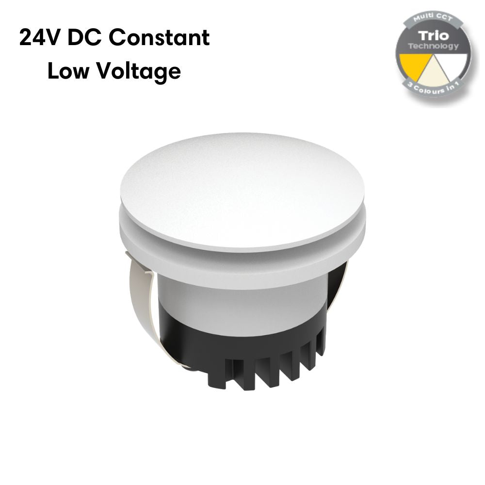 Domus AURA-24V-RND-WHT LED Step Light - 3W, 24V DC, Tri-Colour, IP20, Recessed, Round, 45mm, White - DRIVER REQUIRED-Domus Lighting-Ozlighting.com.au