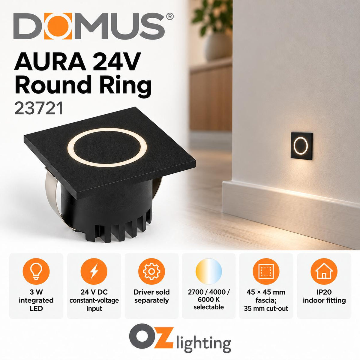 Domus AURA-24V-SQR-BLK LED Step Light - 3W, 24V DC, Tri-Colour, IP20, Recessed, Square, 45mm, Black - DRIVER REQUIRED-Domus Lighting-Ozlighting.com.au