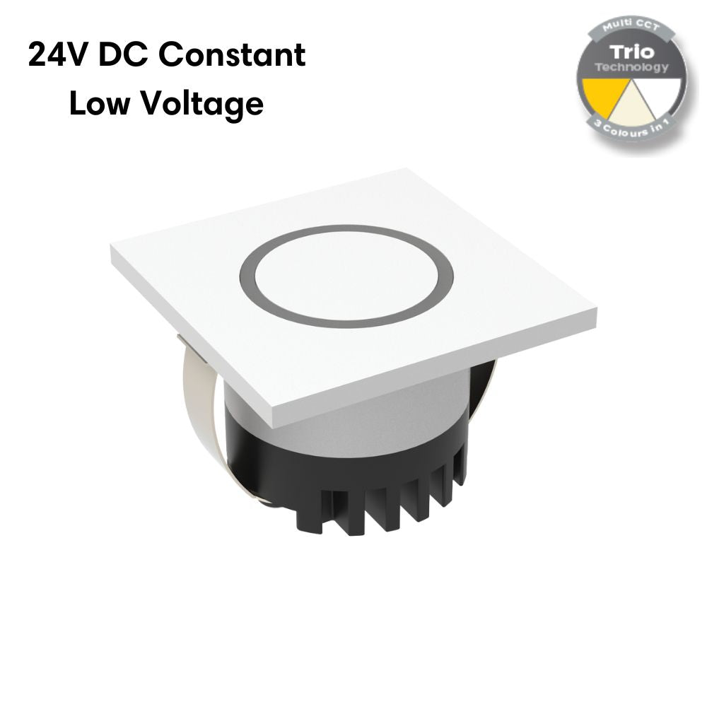 Domus AURA-24V-SQR-WHT LED Step Light - 3W, 24V DC, Tri-Colour, IP20, Recessed, Square, 45mm, White - DRIVER REQUIRED-Domus Lighting-Ozlighting.com.au