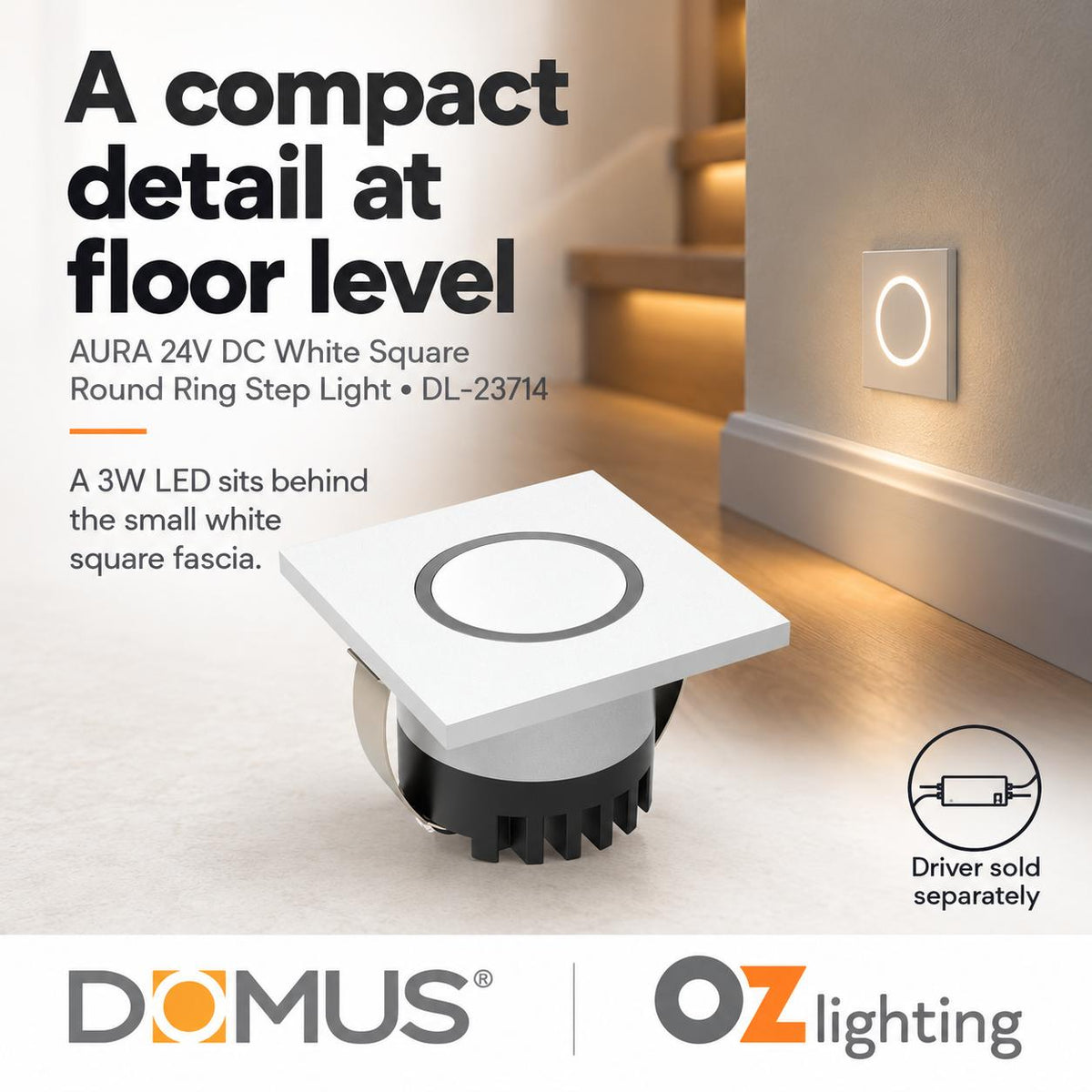 Domus AURA-24V-SQR-WHT LED Step Light - 3W, 24V DC, Tri-Colour, IP20, Recessed, Square, 45mm, White - DRIVER REQUIRED-Domus Lighting-Ozlighting.com.au