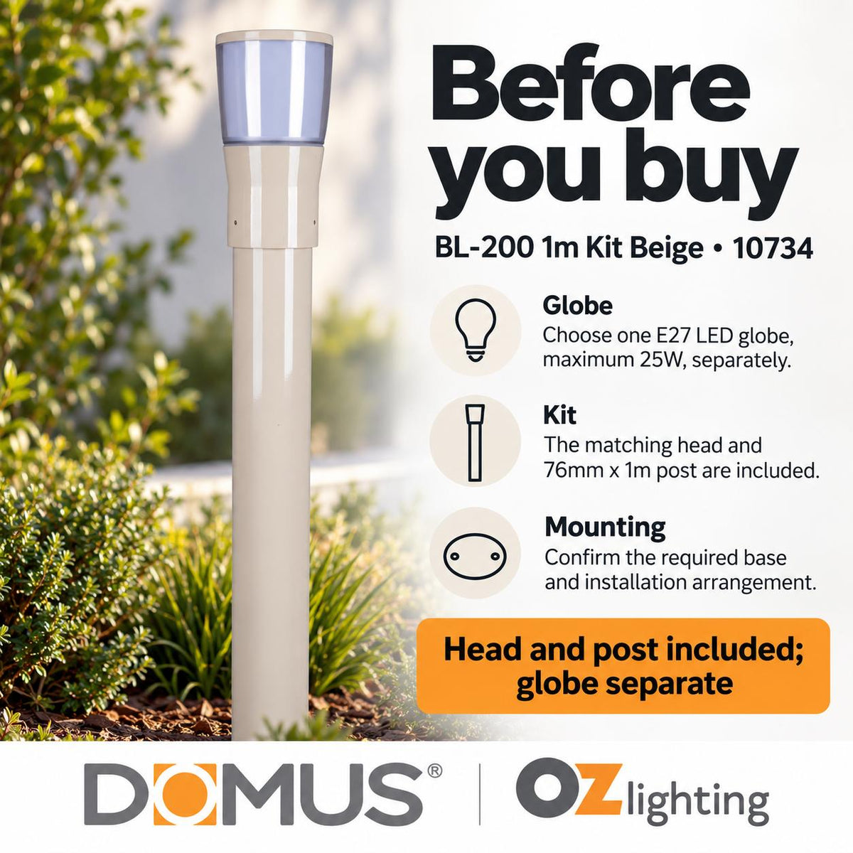 Domus BL-200-1M-KIT Bollard Head Kit - 1m, Conical-Domus Lighting-Ozlighting.com.au