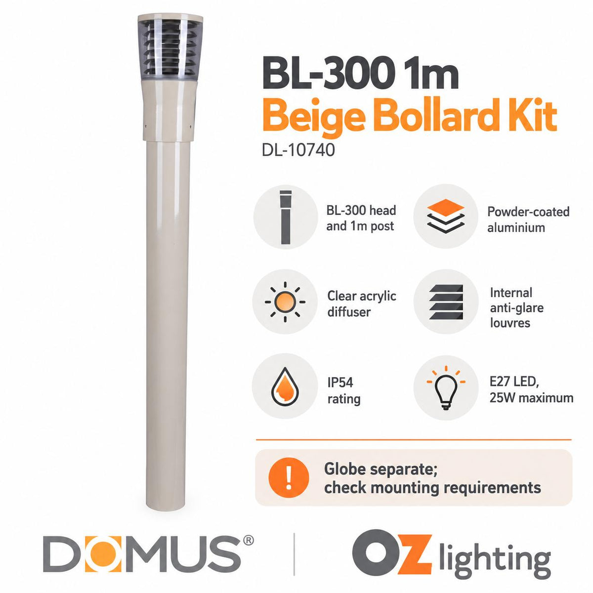 Domus BL-300-1M-KIT Bollard Head Kit - 1m, Conical, Louvred-Domus Lighting-Ozlighting.com.au
