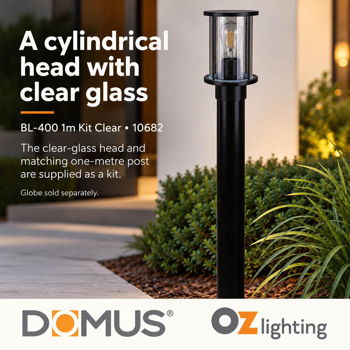 Domus BL-400-1M-KIT Bollard Head Kit - 1m, Cylindrical, Black — Supported design benefit; Globe sold separately — Ozlighting