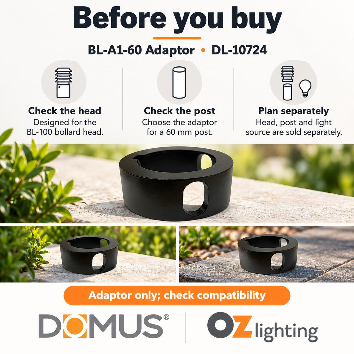 Domus BL-A1-60 Adaptor - 60mm, Accessory for BL-100 Series Bollard Head-Domus Lighting-Ozlighting.com.au