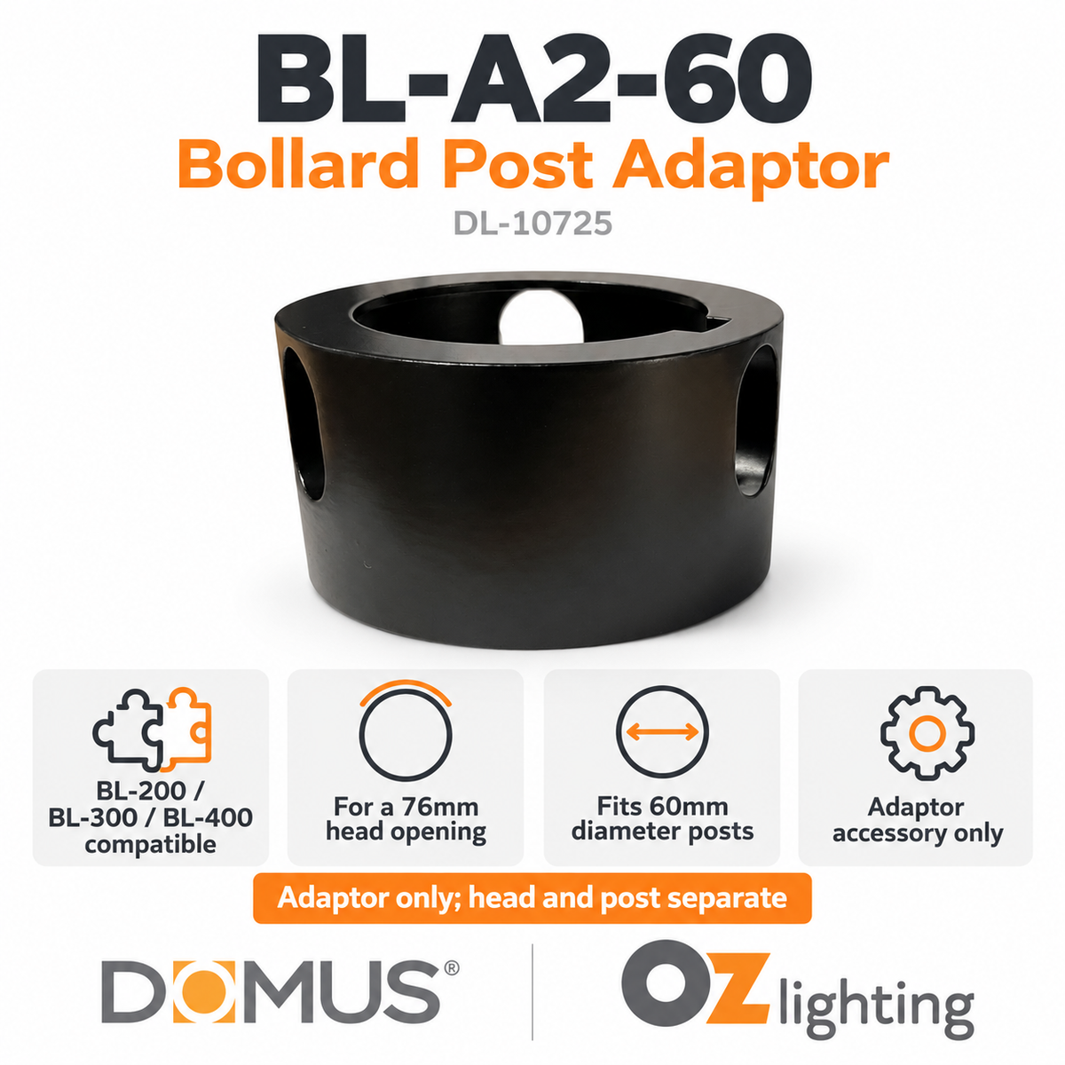 Domus BL-A2-60 Adaptor - 60mm, Accessory for BL-200/300/400 Series Bollard Head-Domus Lighting-Ozlighting.com.au
