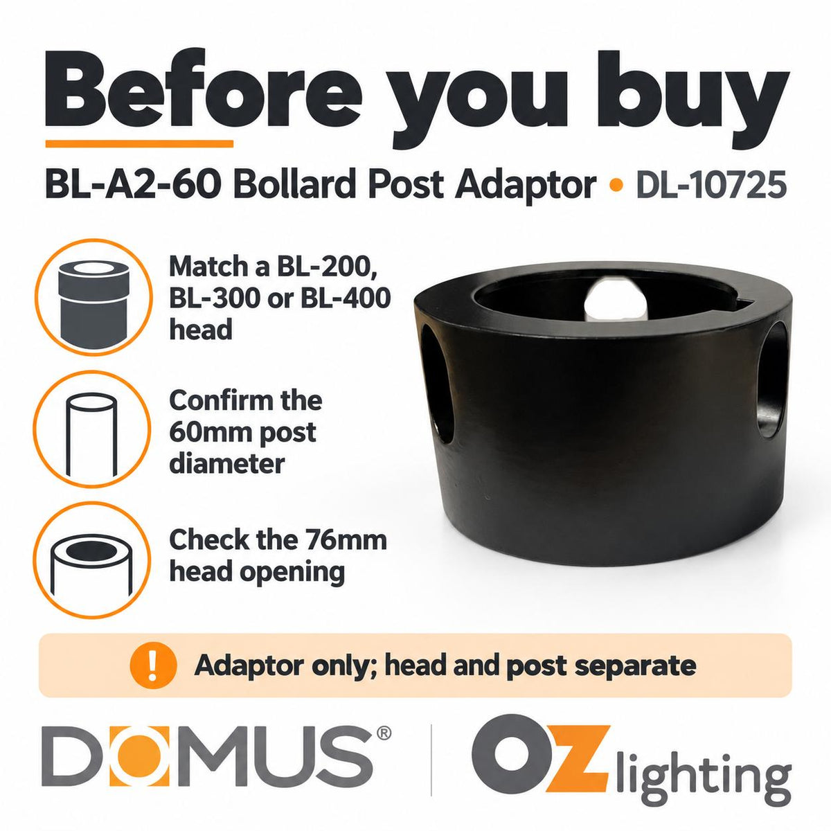 Domus BL-A2-60 Adaptor - 60mm, Accessory for BL-200/300/400 Series Bollard Head-Domus Lighting-Ozlighting.com.au