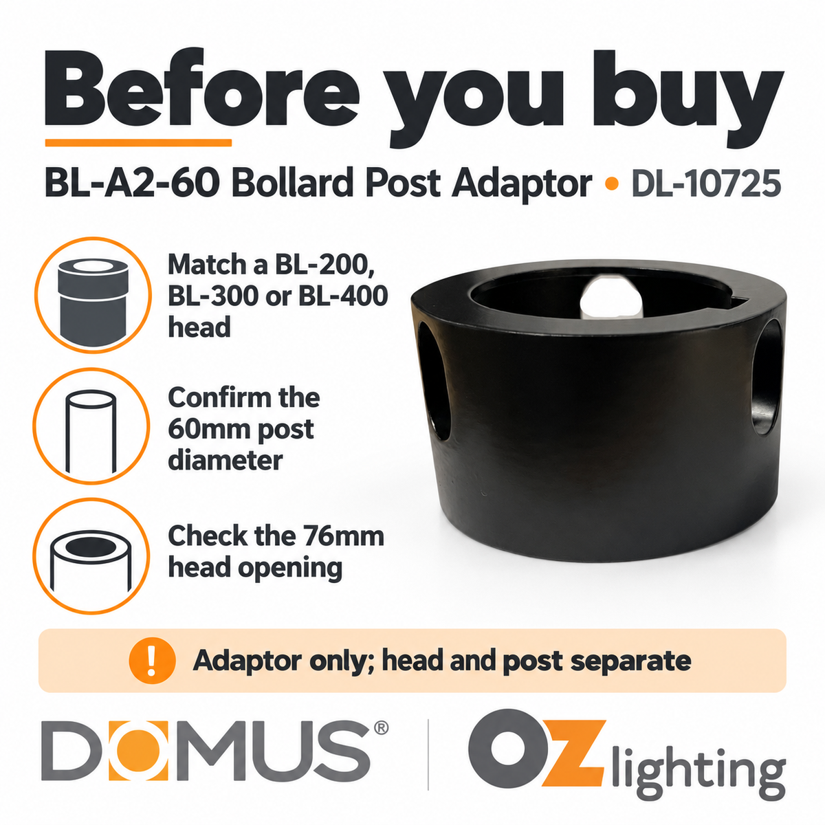 Domus BL-A2-60 Adaptor - 60mm, Accessory for BL-200/300/400 Series Bollard Head-Domus Lighting-Ozlighting.com.au