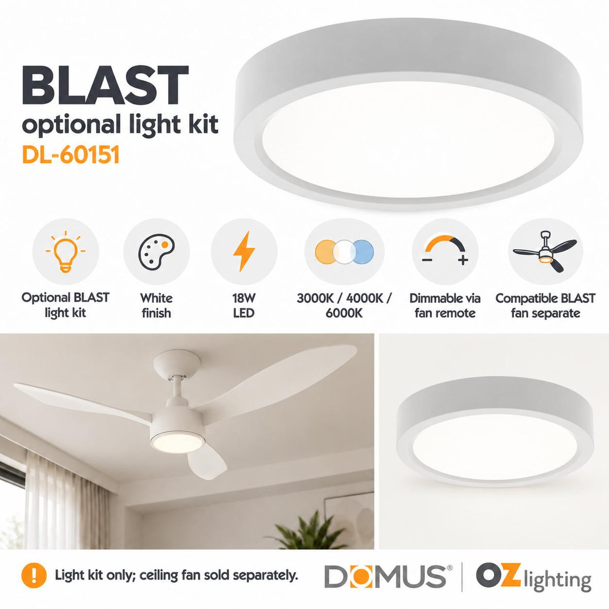Domus BLAST-LIGHT-KIT Optional LED Light Kit - 18W, Tri-Colour, to suit Blast Series Ceiling Fan-Domus Lighting-Ozlighting.com.au
