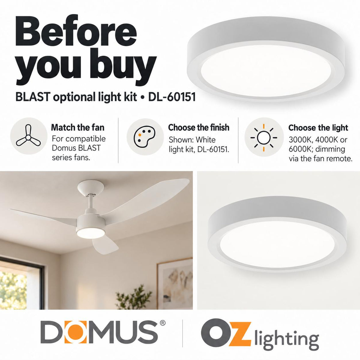 Domus BLAST-LIGHT-KIT Optional LED Light Kit - 18W, Tri-Colour, to suit Blast Series Ceiling Fan-Domus Lighting-Ozlighting.com.au