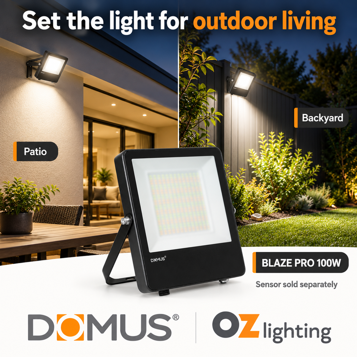 Domus BLAZE-PRO-100 LED Floodlight - 50/70/100W, Tri-Colour, Power Selectable, DIY, IP66, Black, Sensor — Two suitable alternative applications; Sensor sold separately — Ozlighting