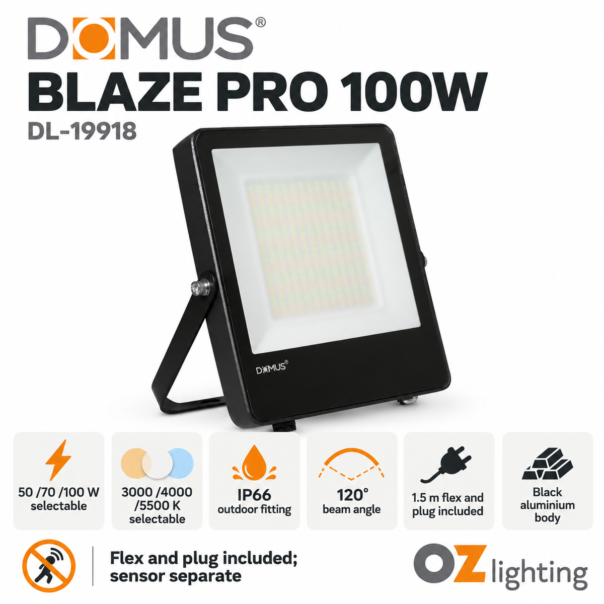 Domus BLAZE-PRO-100 LED Floodlight - 50/70/100W, Tri-Colour, Power Selectable, DIY, IP66, Black, Sensor — Verified product details — Ozlighting