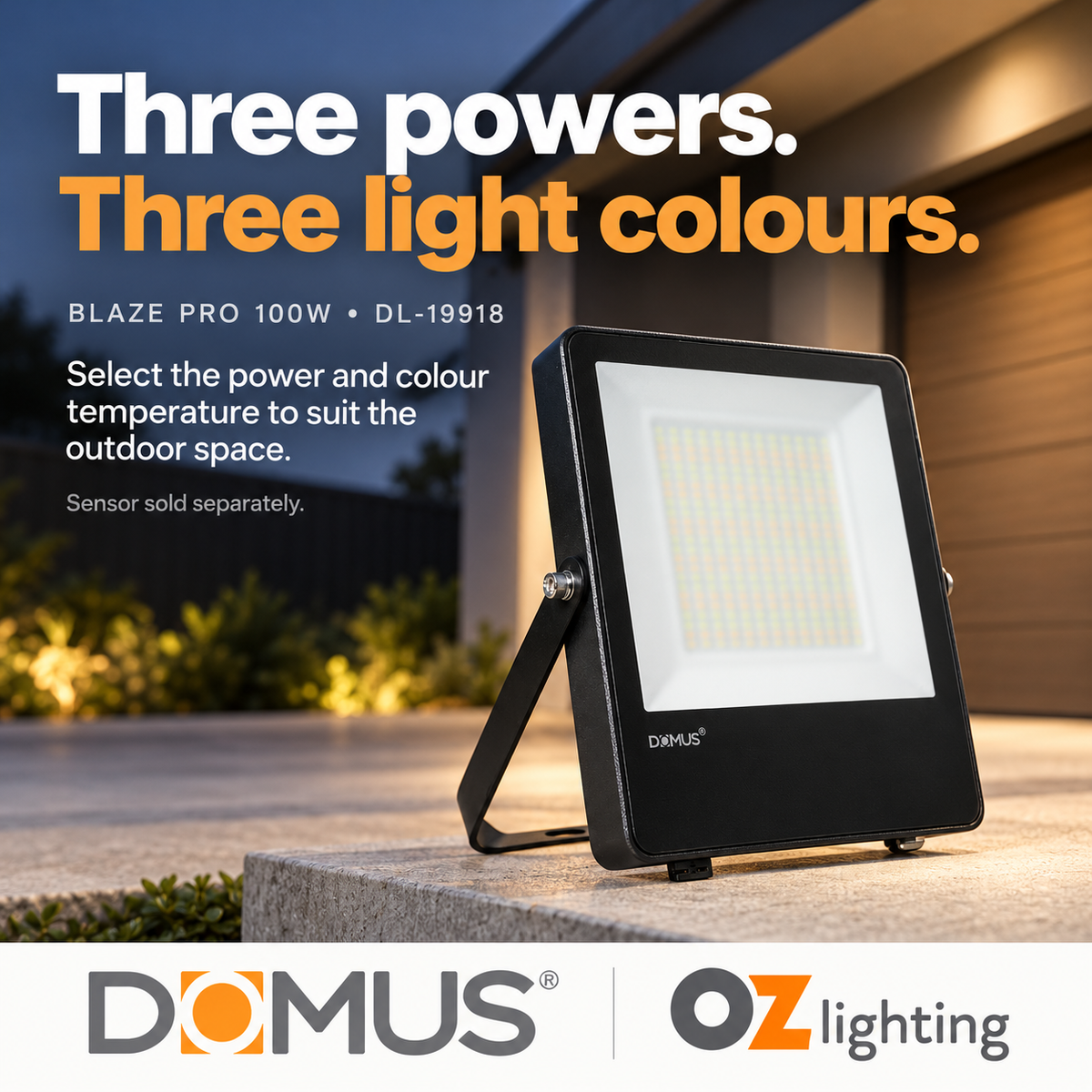 Domus BLAZE-PRO-100 LED Floodlight - 50/70/100W, Tri-Colour, Power Selectable, DIY, IP66, Black, Sensor — Supported design benefit; Sensor sold separately — Ozlighting