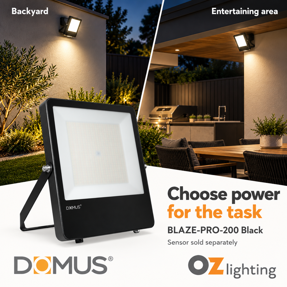 Domus BLAZE-PRO-200 LED Floodlight - 100/150/200W, Tri-Colour, Power Selectable, DIY, IP66, Black, Sensor — Two suitable alternative applications; Sensor sold separately — Ozlighting