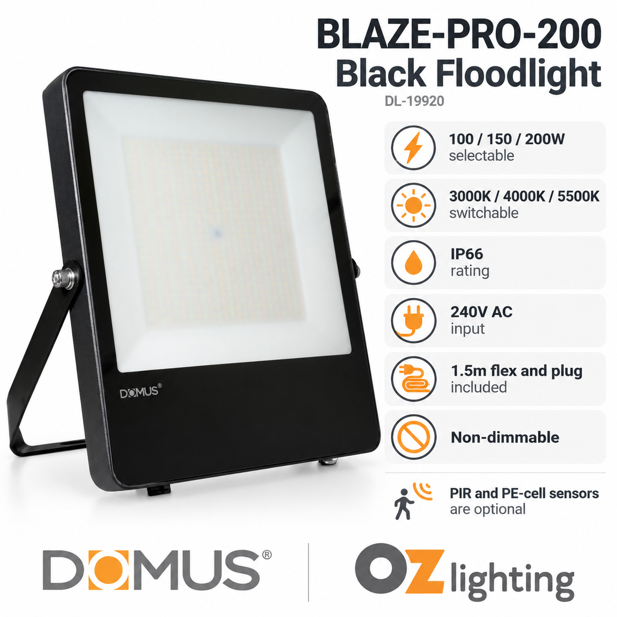 Domus BLAZE-PRO-200 LED Floodlight - 100/150/200W, Tri-Colour, Power Selectable, DIY, IP66, Black, Sensor — Verified product details — Ozlighting