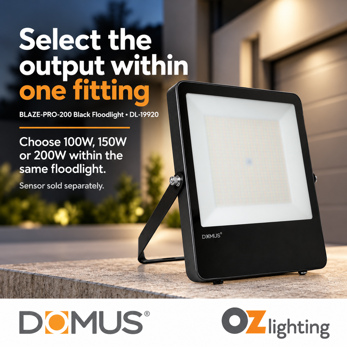 Domus BLAZE-PRO-200 LED Floodlight - 100/150/200W, Tri-Colour, Power Selectable, DIY, IP66, Black, Sensor — Supported design benefit; Sensor sold separately — Ozlighting