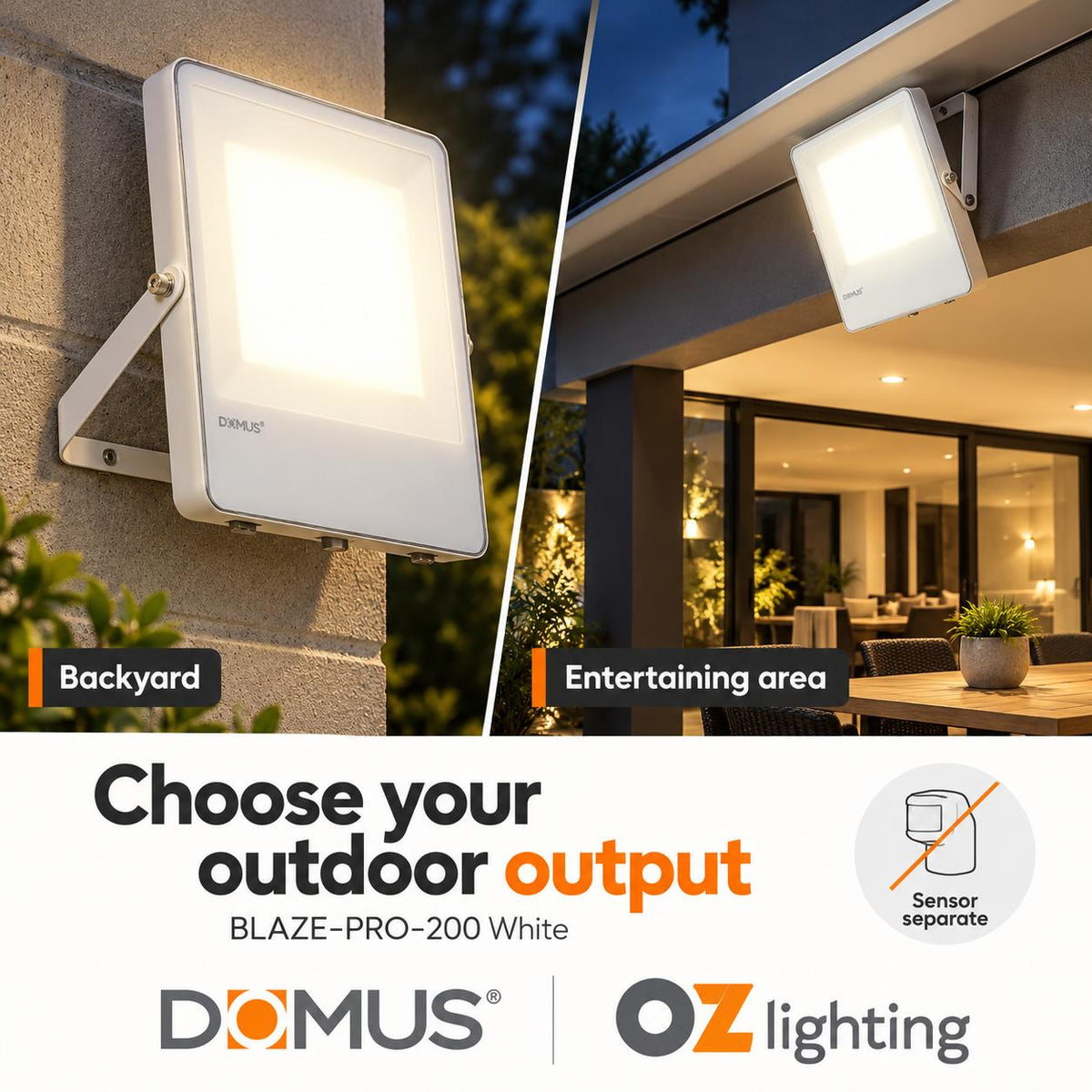 Domus BLAZE-PRO-200 LED Floodlight - 100/150/200W, Tri-Colour, Power Selectable, DIY, IP66, White, Sensor-Domus Lighting-Ozlighting.com.au