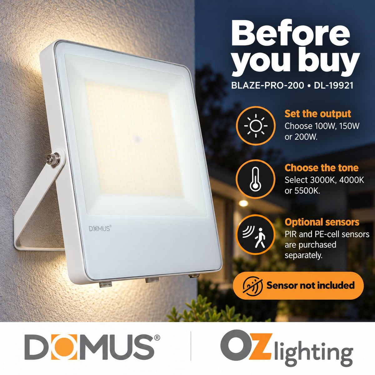Domus BLAZE-PRO-200 LED Floodlight - 100/150/200W, Tri-Colour, Power Selectable, DIY, IP66, White, Sensor-Domus Lighting-Ozlighting.com.au