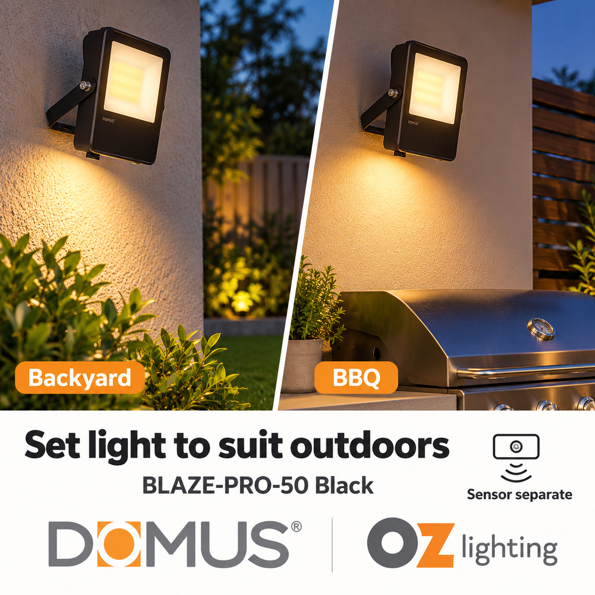 Domus BLAZE-PRO-50 LED Floodlight - 20/30/50W, Tri-Colour, Power Selectable, DIY, IP66, Black, Sensor — Two suitable alternative applications; Sensor separate — Ozlighting