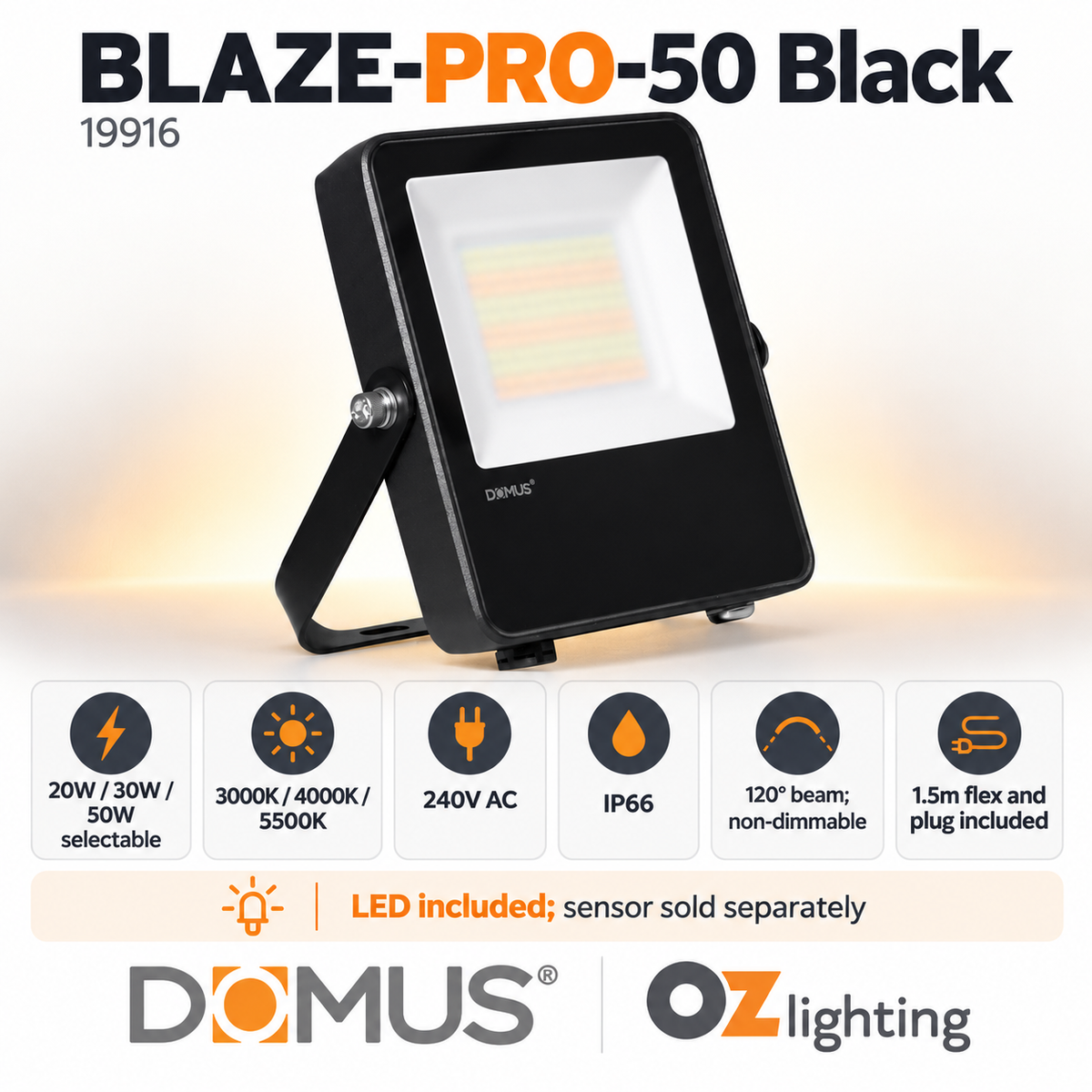 Domus BLAZE-PRO-50 LED Floodlight - 20/30/50W, Tri-Colour, Power Selectable, DIY, IP66, Black, Sensor — Verified product details — Ozlighting