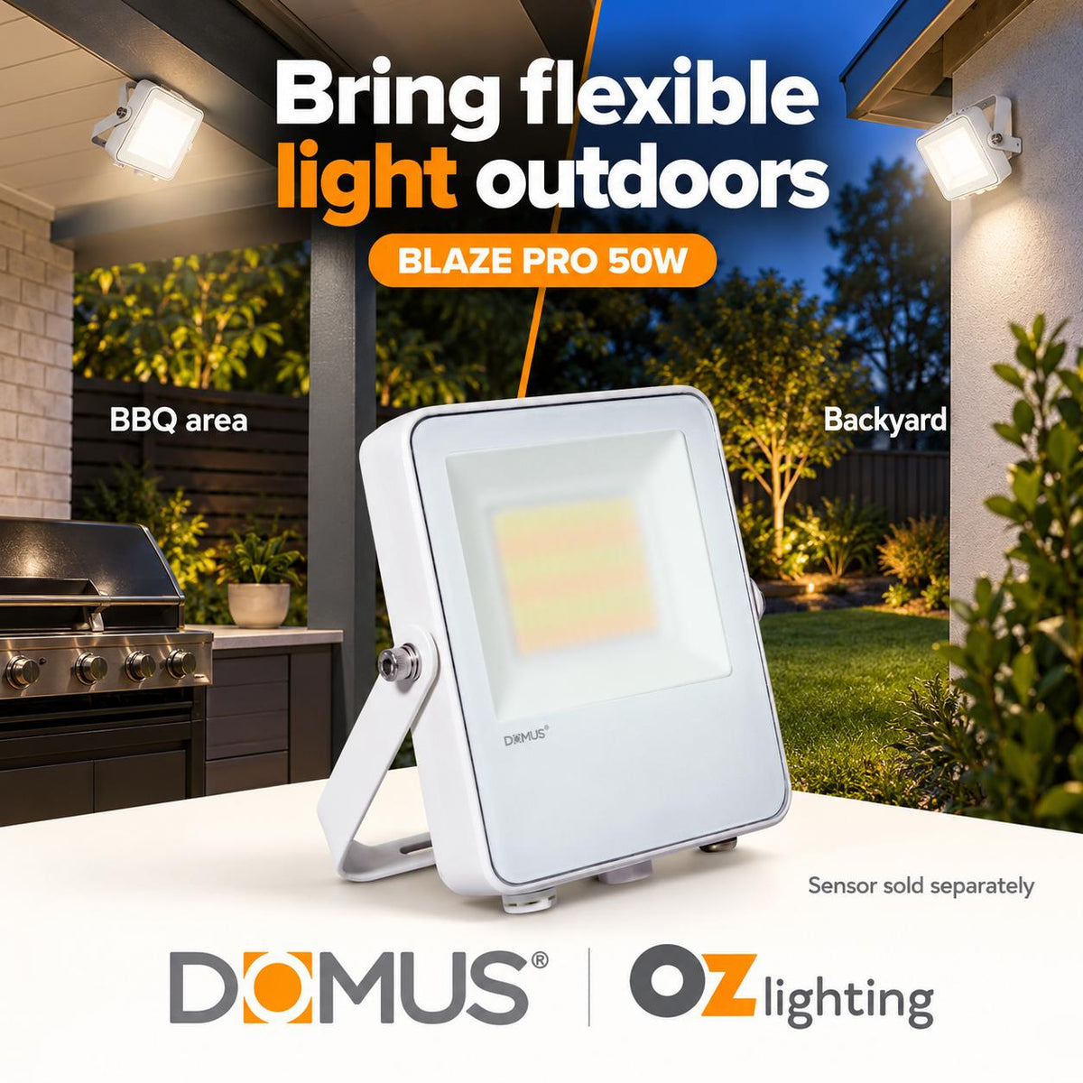 Domus BLAZE-PRO-50 LED Floodlight - 20/30/50W, Tri-Colour, Power Selectable, DIY, IP66, White, Sensor-Domus Lighting-Ozlighting.com.au