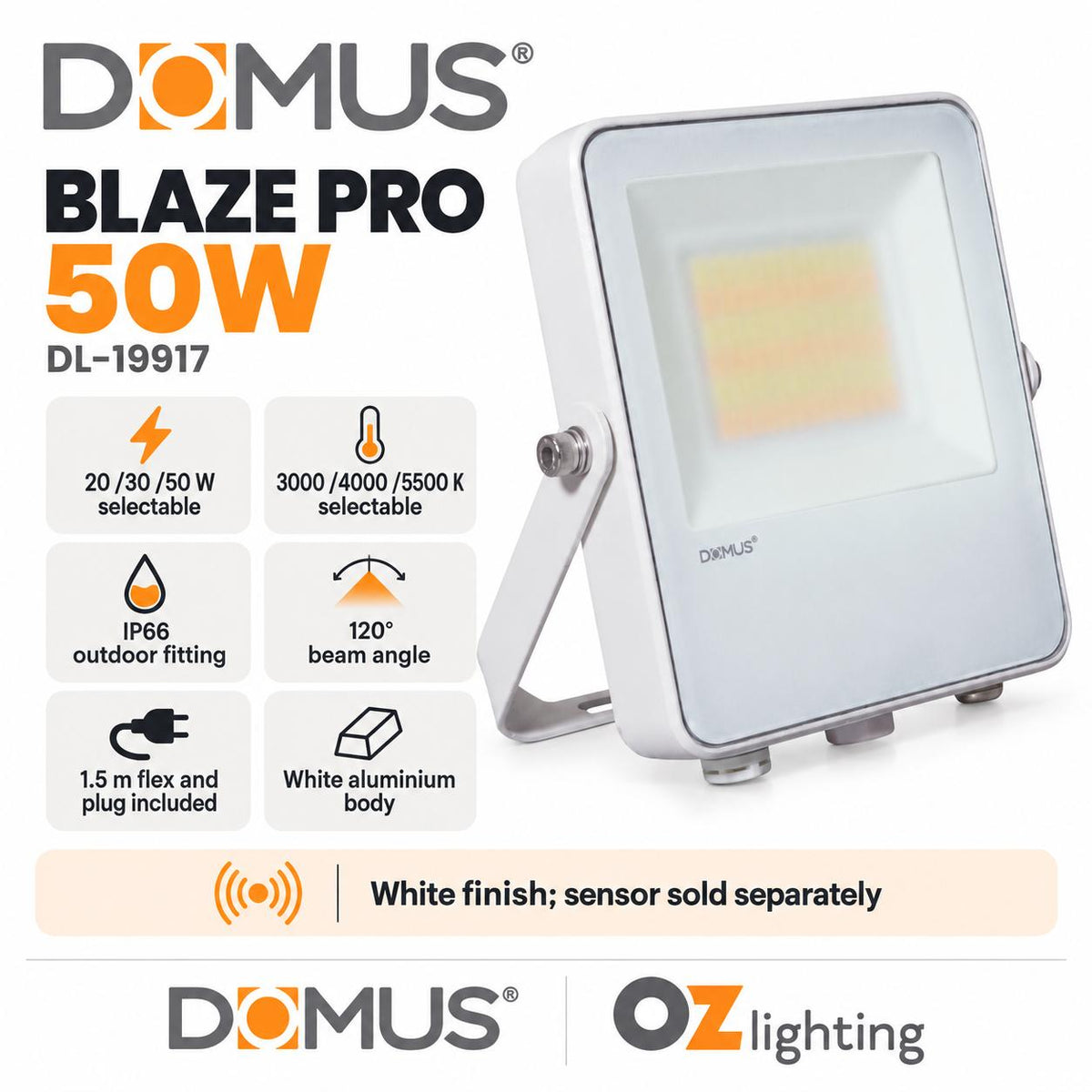 Domus BLAZE-PRO-50 LED Floodlight - 20/30/50W, Tri-Colour, Power Selectable, DIY, IP66, White, Sensor-Domus Lighting-Ozlighting.com.au