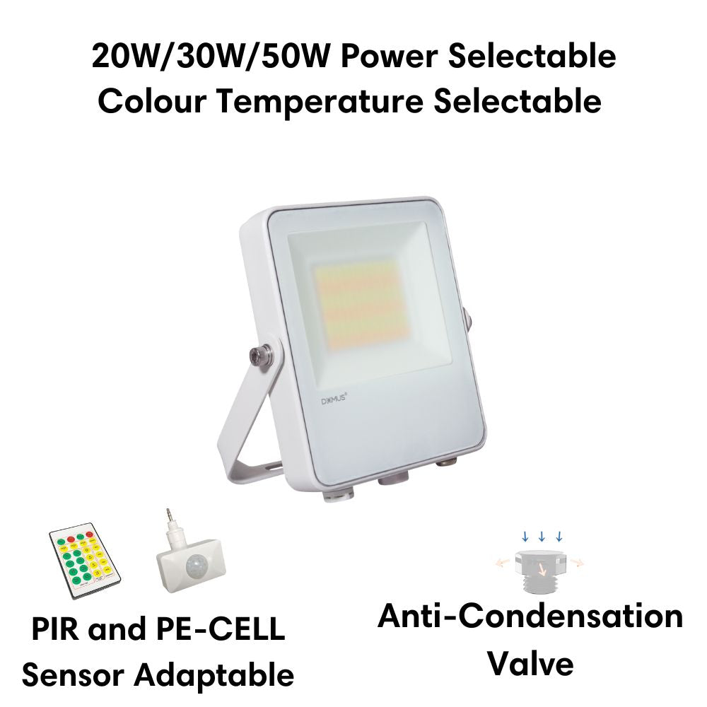 Domus BLAZE-PRO-50 LED Floodlight - 20/30/50W, Tri-Colour, Power Selectable, DIY, IP66, White, Sensor-Domus Lighting-Ozlighting.com.au