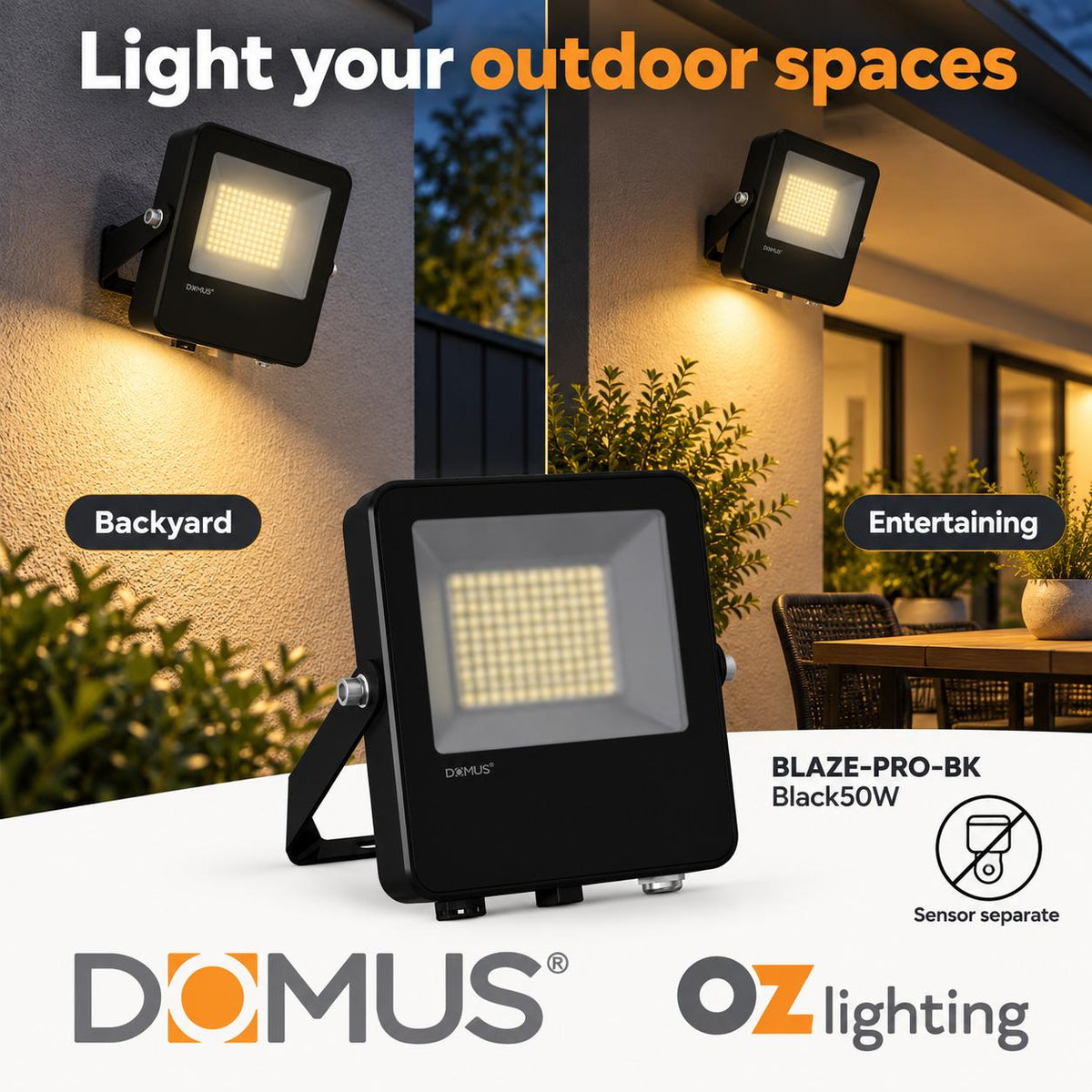 Domus BLAZE PRO BK LED Floodlight - 50/100W/200W, Tri-Colour, Black-Domus Lighting-Ozlighting.com.au