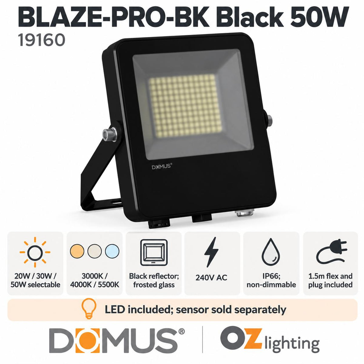 Domus BLAZE PRO BK LED Floodlight - 50/100W/200W, Tri-Colour, Black-Domus Lighting-Ozlighting.com.au