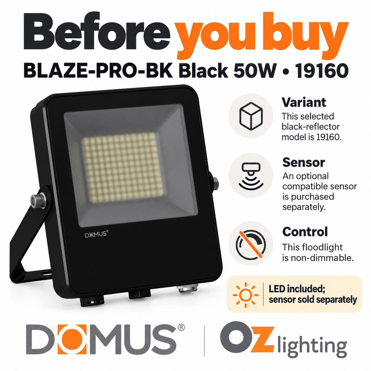 Domus BLAZE PRO BK LED Floodlight - 50/100W/200W, Tri-Colour, Black-Domus Lighting-Ozlighting.com.au