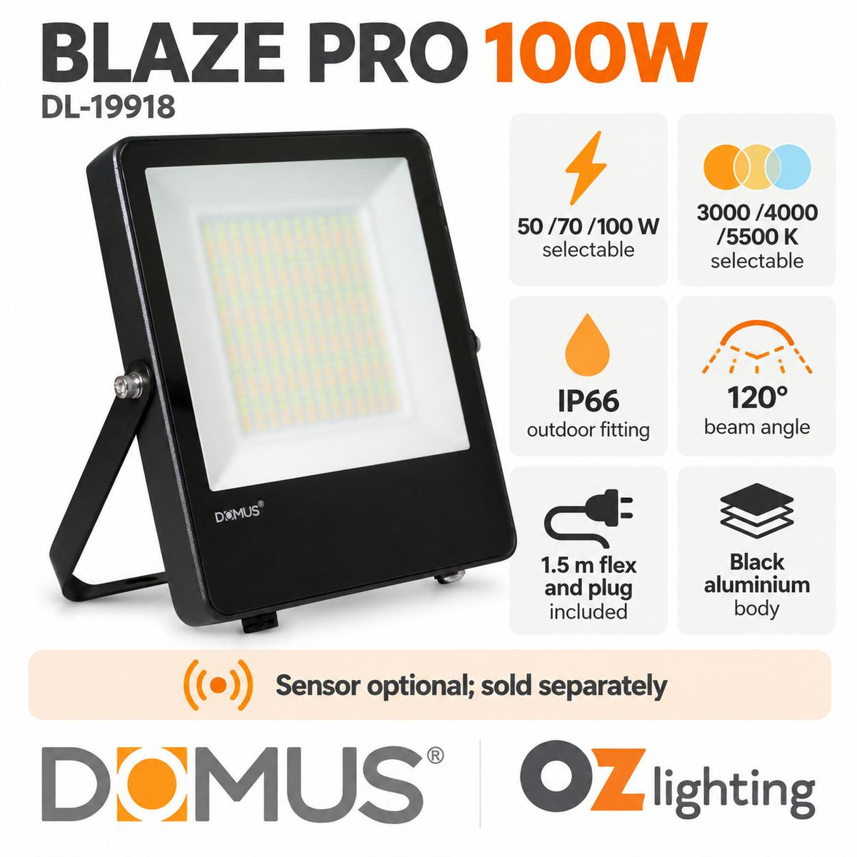 Domus BLAZE PRO LED Floodlight - 50W/100W/200W, 240V, Tri-Colour, Black-Domus Lighting-Ozlighting.com.au