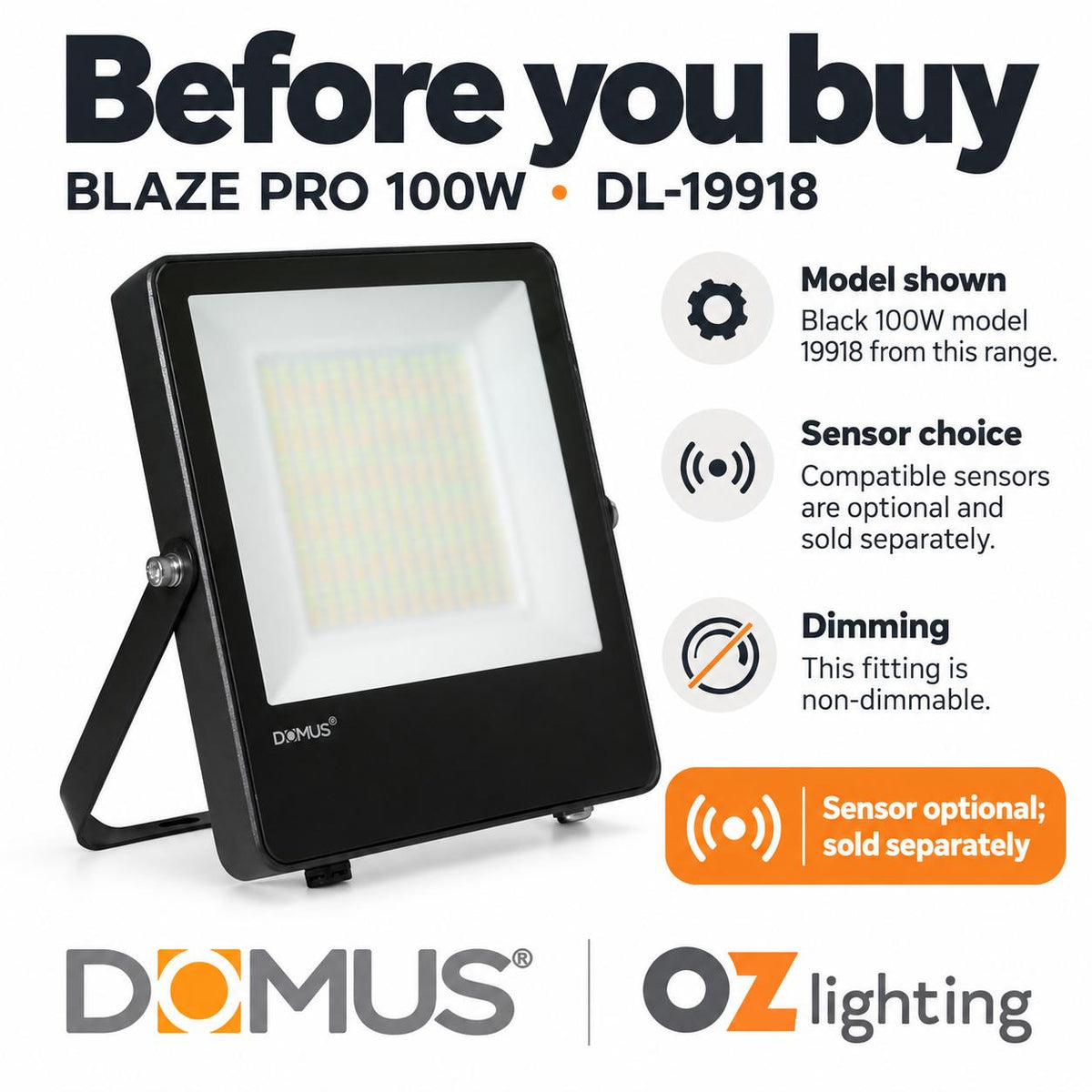 Domus BLAZE PRO LED Floodlight - 50W/100W/200W, 240V, Tri-Colour, Black-Domus Lighting-Ozlighting.com.au