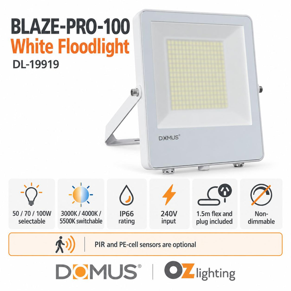 Domus BLAZE PRO LED Floodlight - 50W/100W/200W, 240V, Tri-Colour, White-Domus Lighting-Ozlighting.com.au