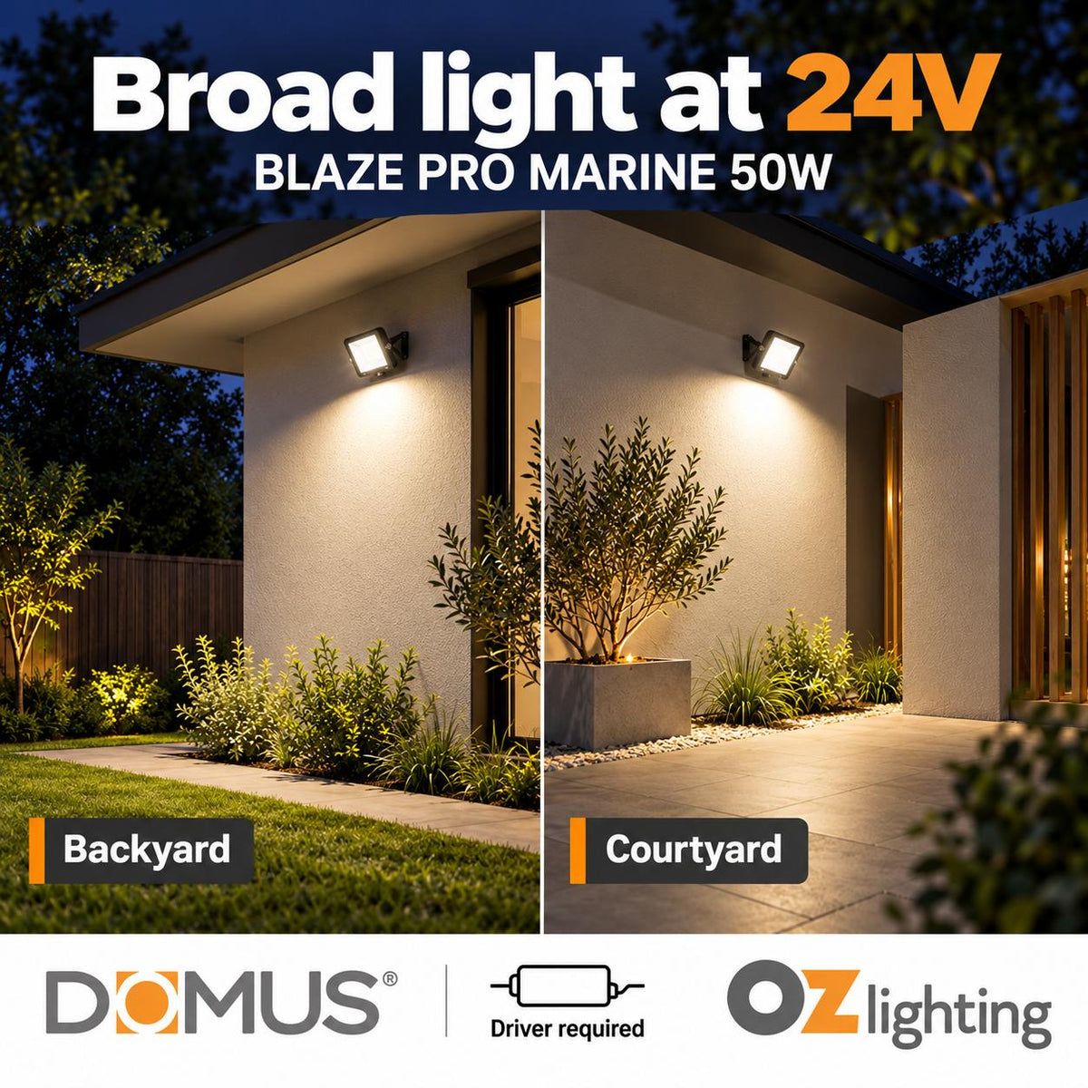 Domus BLAZE PRO MARINE LED Floodlight - 50W/100W, 24V, Tri-Colour, Black - DRIVER REQUIRED-Domus Lighting-Ozlighting.com.au