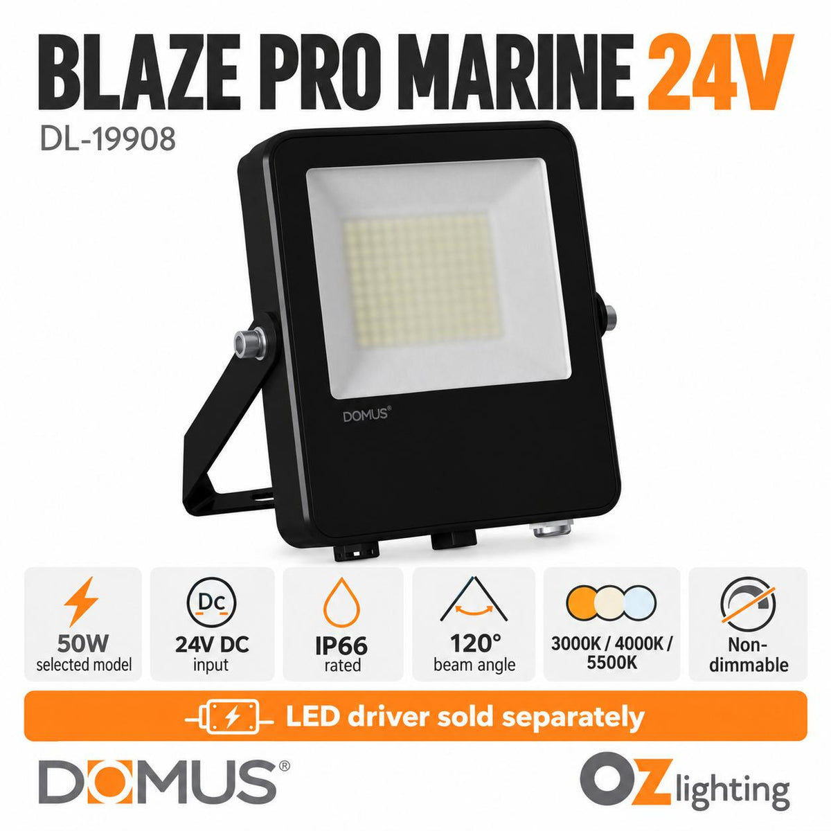 Domus BLAZE PRO MARINE LED Floodlight - 50W/100W, 24V, Tri-Colour, Black - DRIVER REQUIRED-Domus Lighting-Ozlighting.com.au