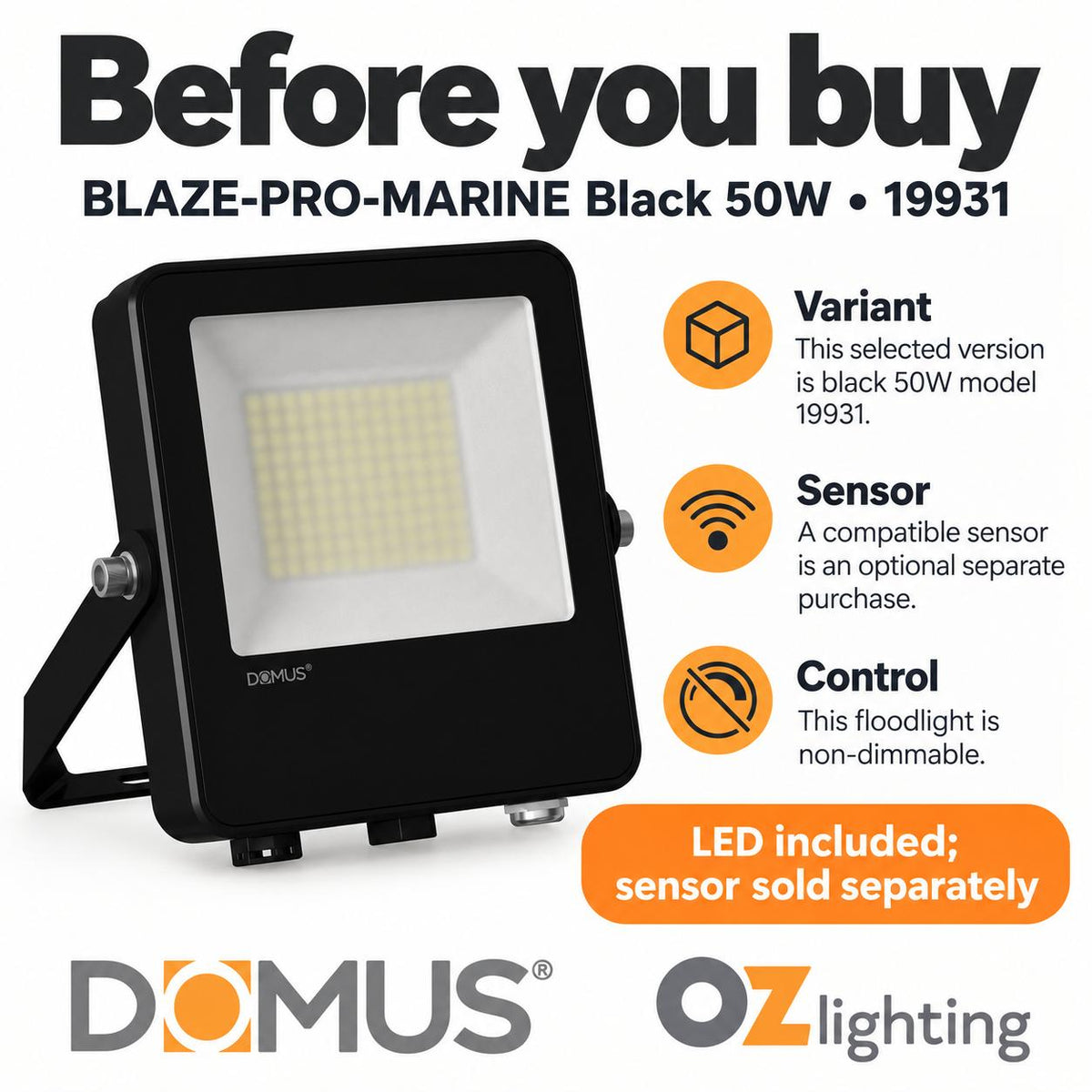 Domus BLAZE PRO MARINE LED Floodlight - 50W/100W/200W, 240V, Tri-Colour-Domus Lighting-Ozlighting.com.au