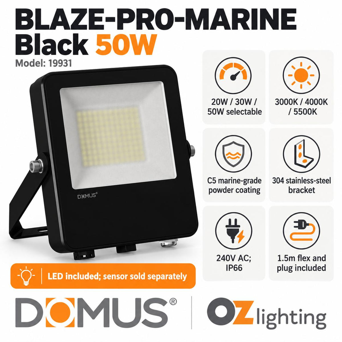 Domus BLAZE PRO MARINE LED Floodlight - 50W/100W/200W, 240V, Tri-Colour-Domus Lighting-Ozlighting.com.au