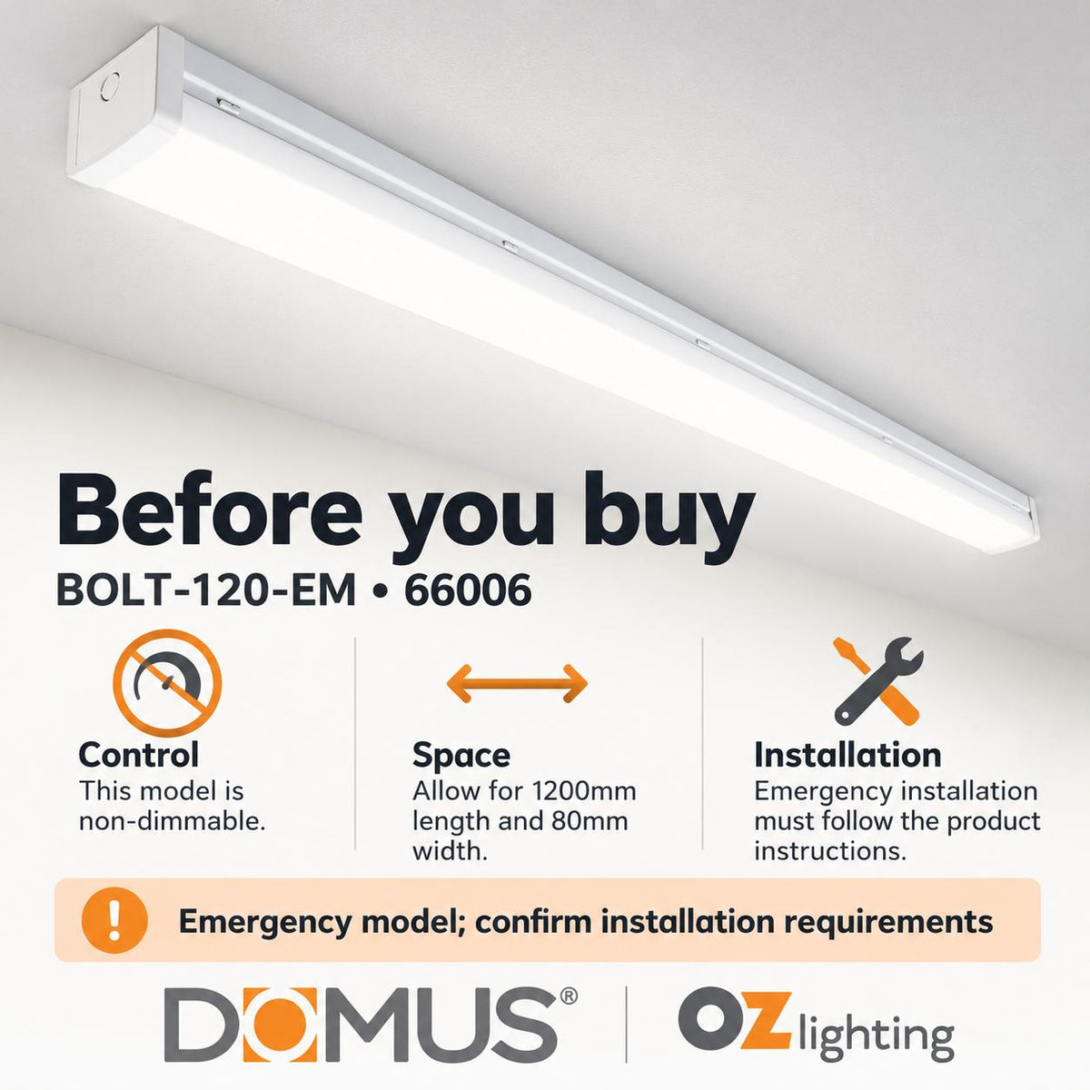 Domus BOLT-120-EM LED Batten Light - 10/40W, 1200mm, 4ft, Tri-Colour, IP44, Diffused, Emergency-Domus Lighting-Ozlighting.com.au