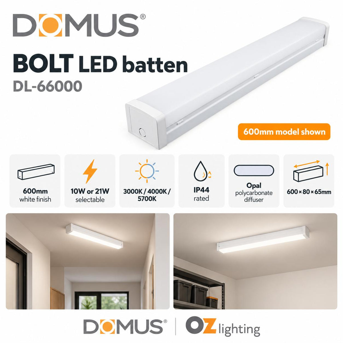 Domus BOLT LED Batten Light - 21W, 42W, 600mm, 1200mm, 2ft, 4ft, Tri-Colour, Diffused-Domus Lighting-Ozlighting.com.au