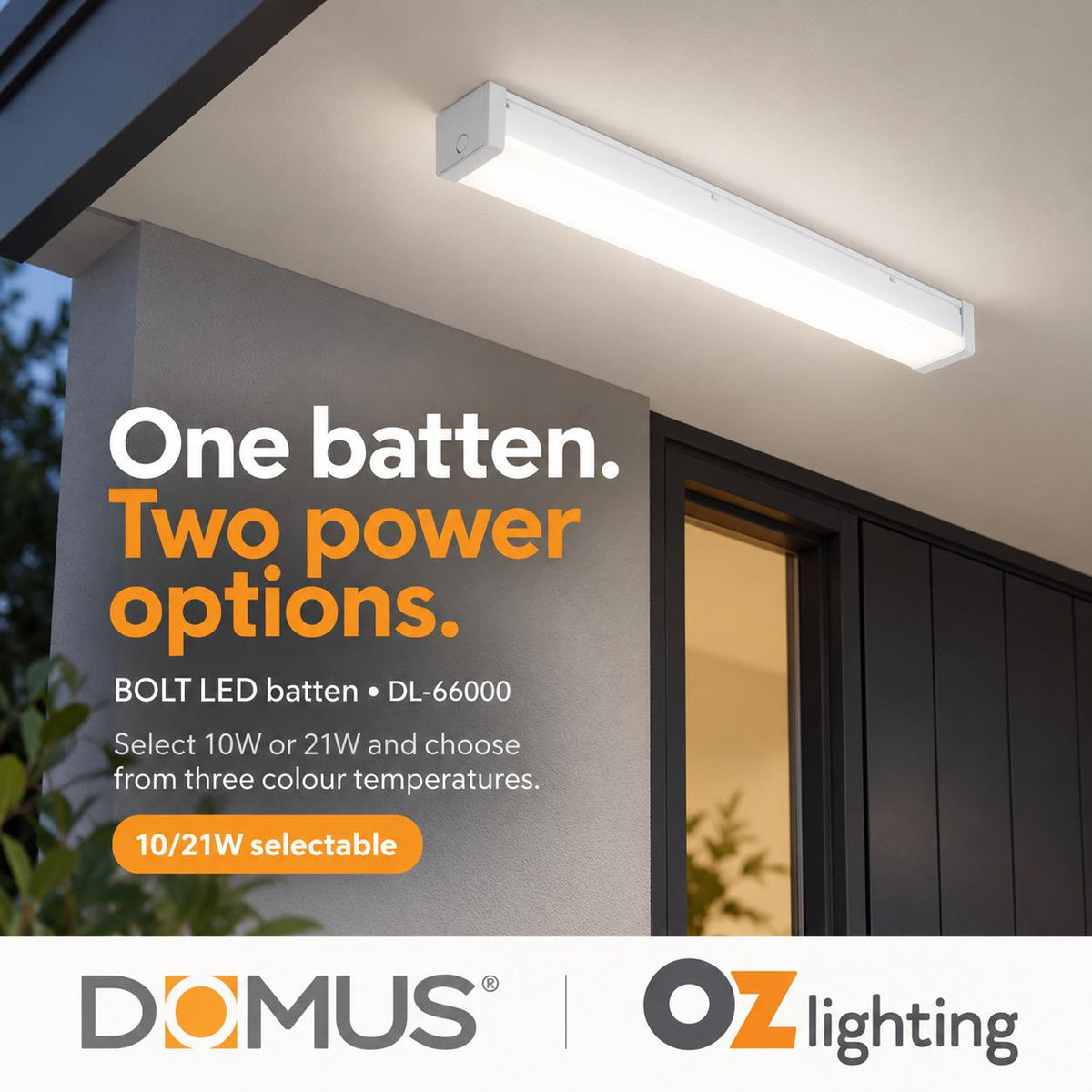 Domus BOLT LED Batten Light - 21W, 42W, 600mm, 1200mm, 2ft, 4ft, Tri-Colour, Diffused-Domus Lighting-Ozlighting.com.au