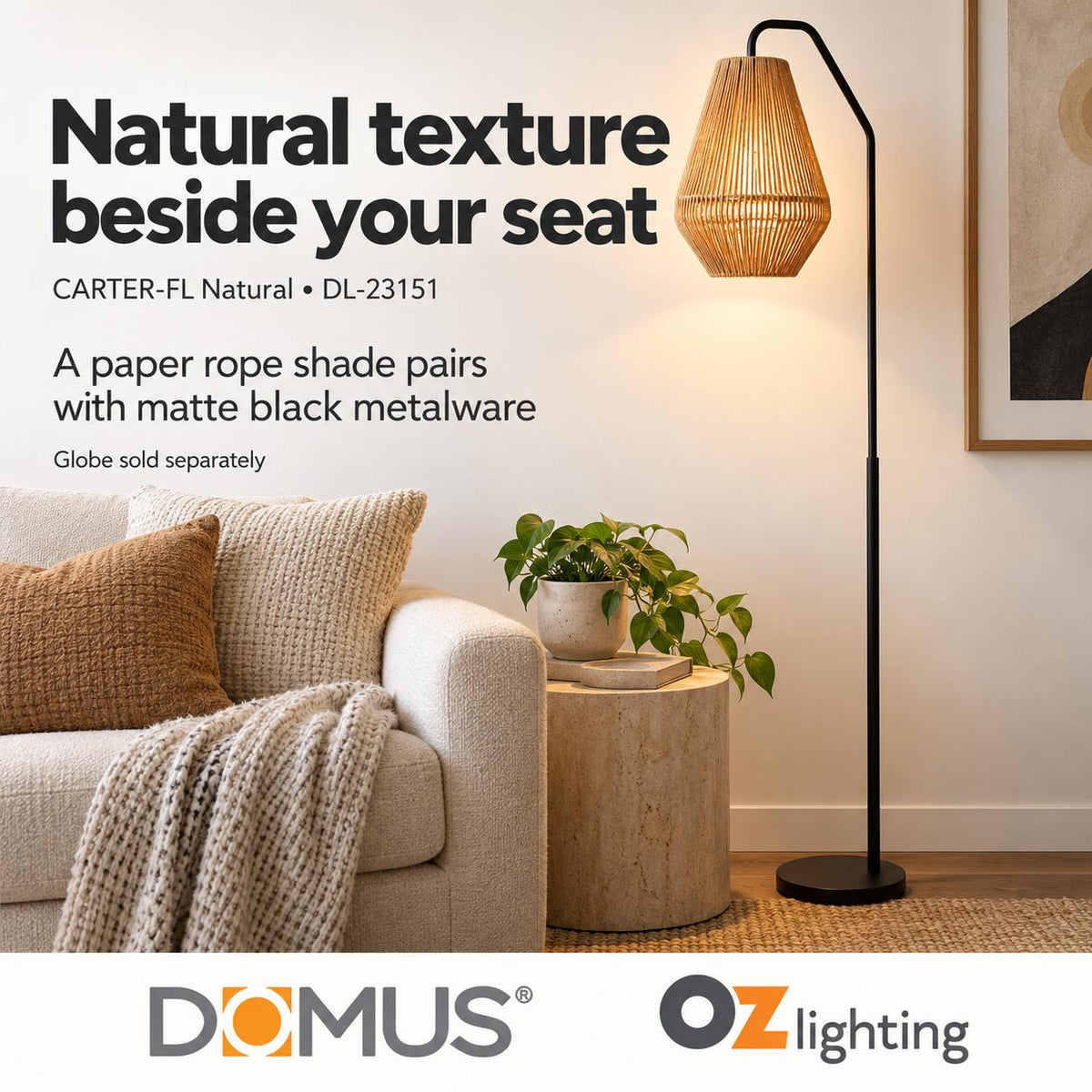 Domus CARTER-FL Floor Lamp - Paper Rope-Domus Lighting-Ozlighting.com.au