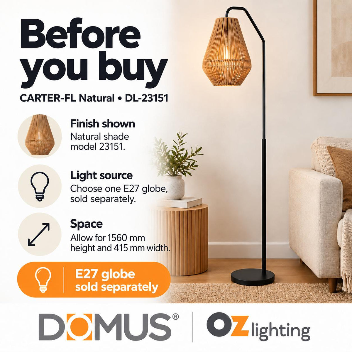 Domus CARTER-FL Floor Lamp - Paper Rope-Domus Lighting-Ozlighting.com.au