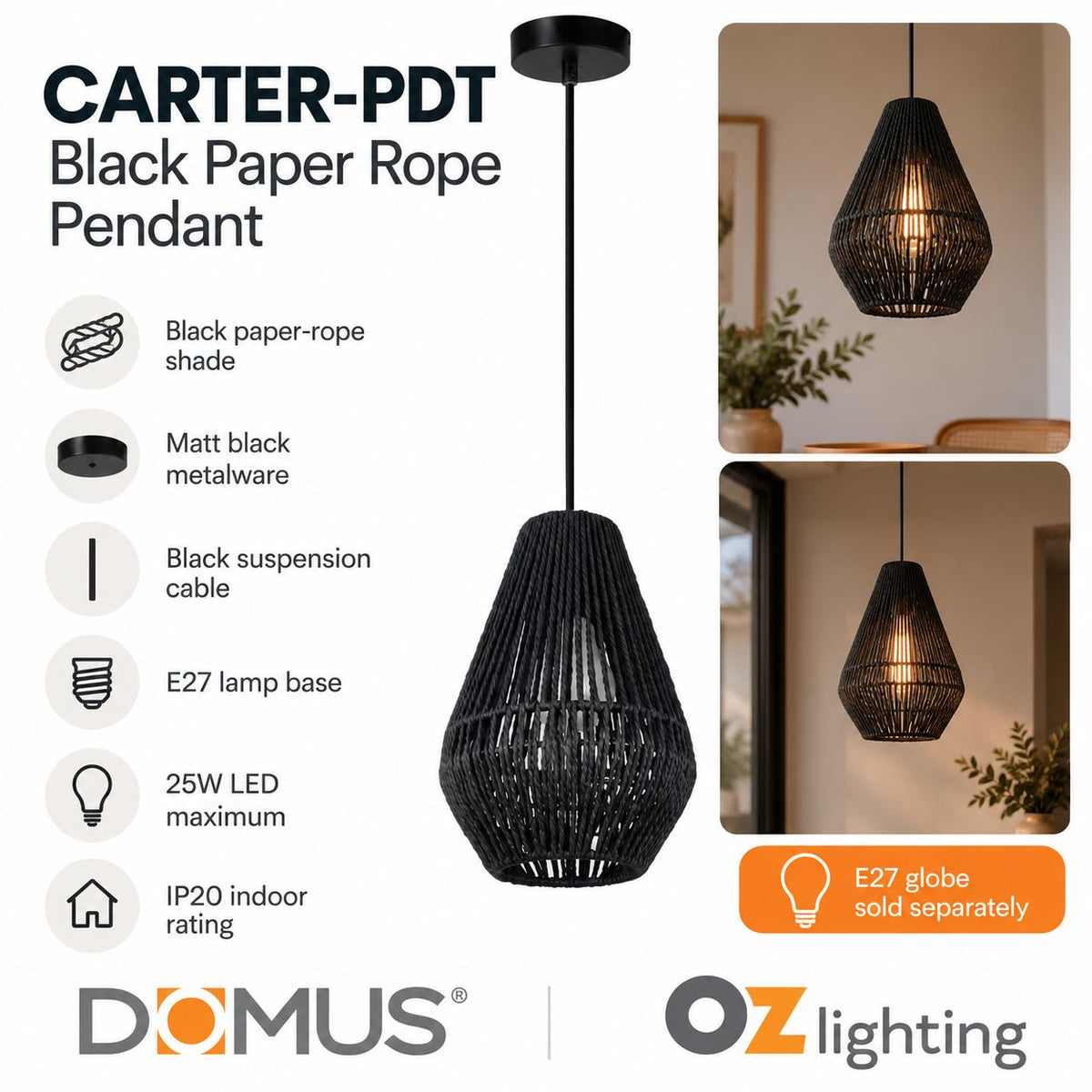 Domus CARTER-PDT Pendant - Paper Rope-Domus Lighting-Ozlighting.com.au