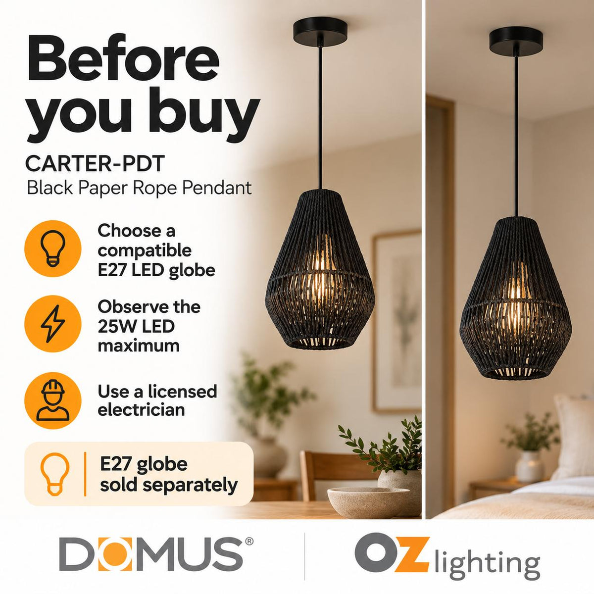 Domus CARTER-PDT Pendant - Paper Rope-Domus Lighting-Ozlighting.com.au
