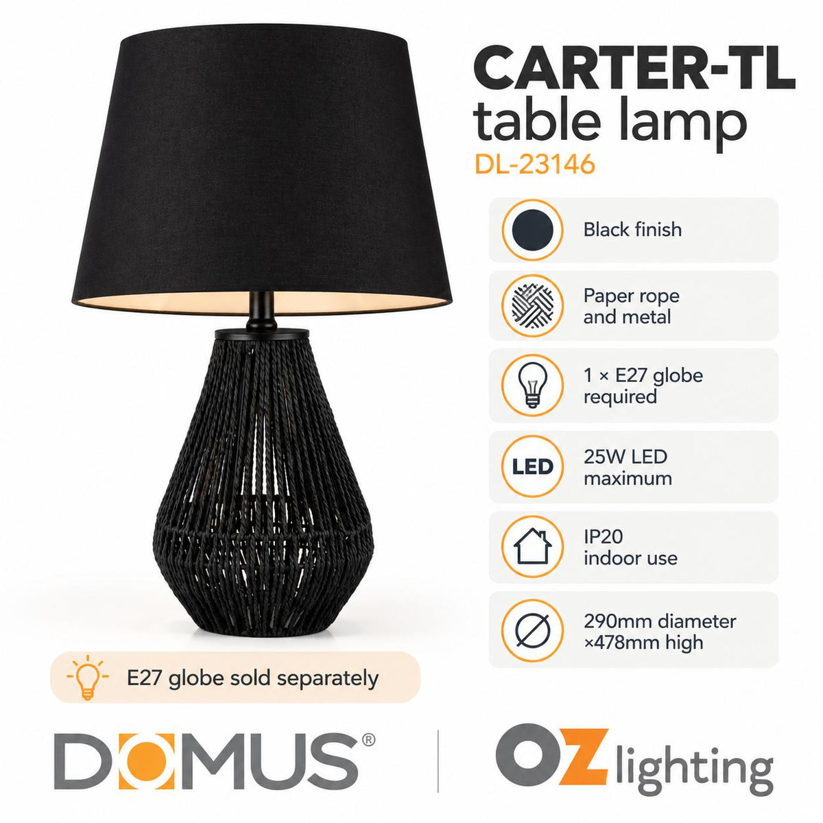 Domus CARTER-TL Table Lamp - Paper Rope-Domus Lighting-Ozlighting.com.au