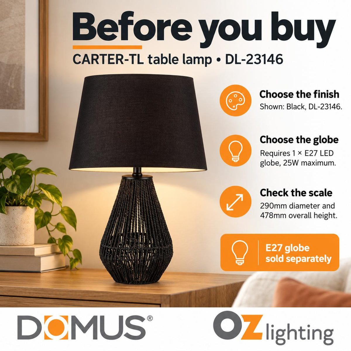 Domus CARTER-TL Table Lamp - Paper Rope-Domus Lighting-Ozlighting.com.au