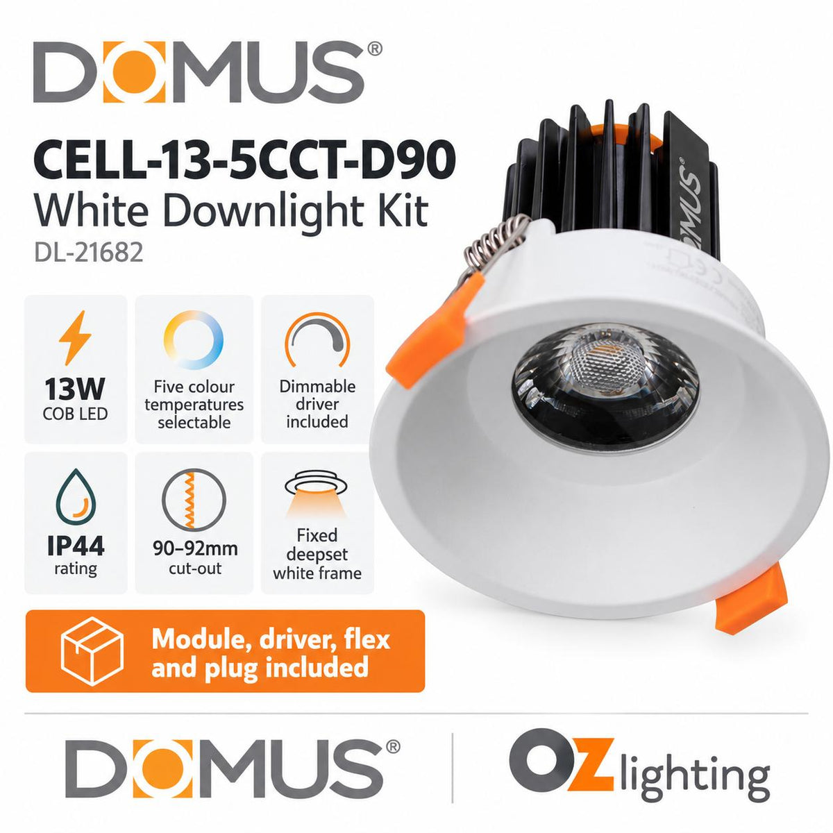 Domus CELL-13-5CCT-D90 LED Downlight - 13W, 5-CCT, Dimmable, Fixed, Deepset, D90-Domus Lighting-Ozlighting.com.au