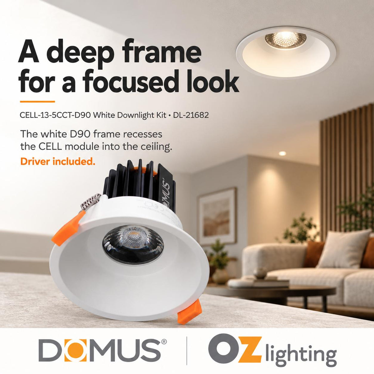 Domus CELL-13-5CCT-D90 LED Downlight - 13W, 5-CCT, Dimmable, Fixed, Deepset, D90-Domus Lighting-Ozlighting.com.au
