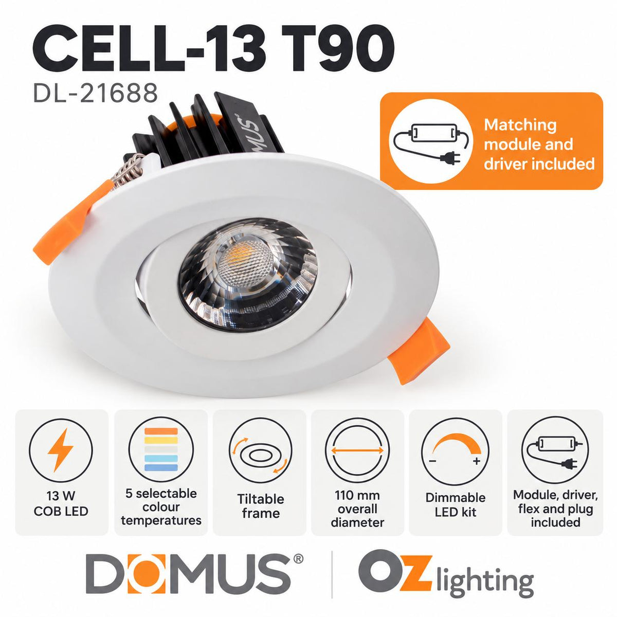 Domus CELL-13-5CCT-T90 LED Downlight - 13W, 5-CCT, Dimmable-Domus Lighting-Ozlighting.com.au